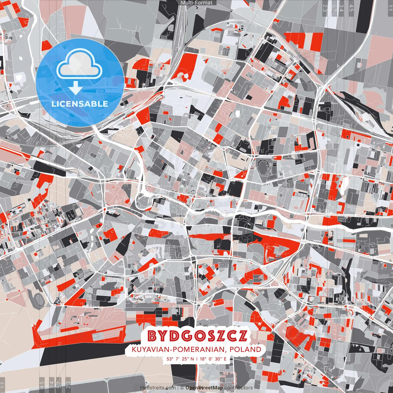 Bydgoszcz, Kuyavian-Pomeranian, Poland - modern street map poster template with gray and red tones
