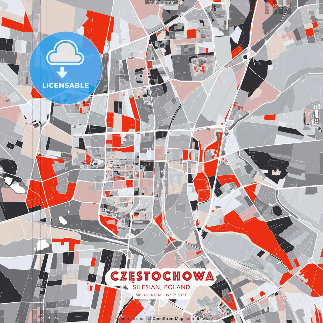 Częstochowa, Silesian, Poland - modern street map poster template with gray and red tones
