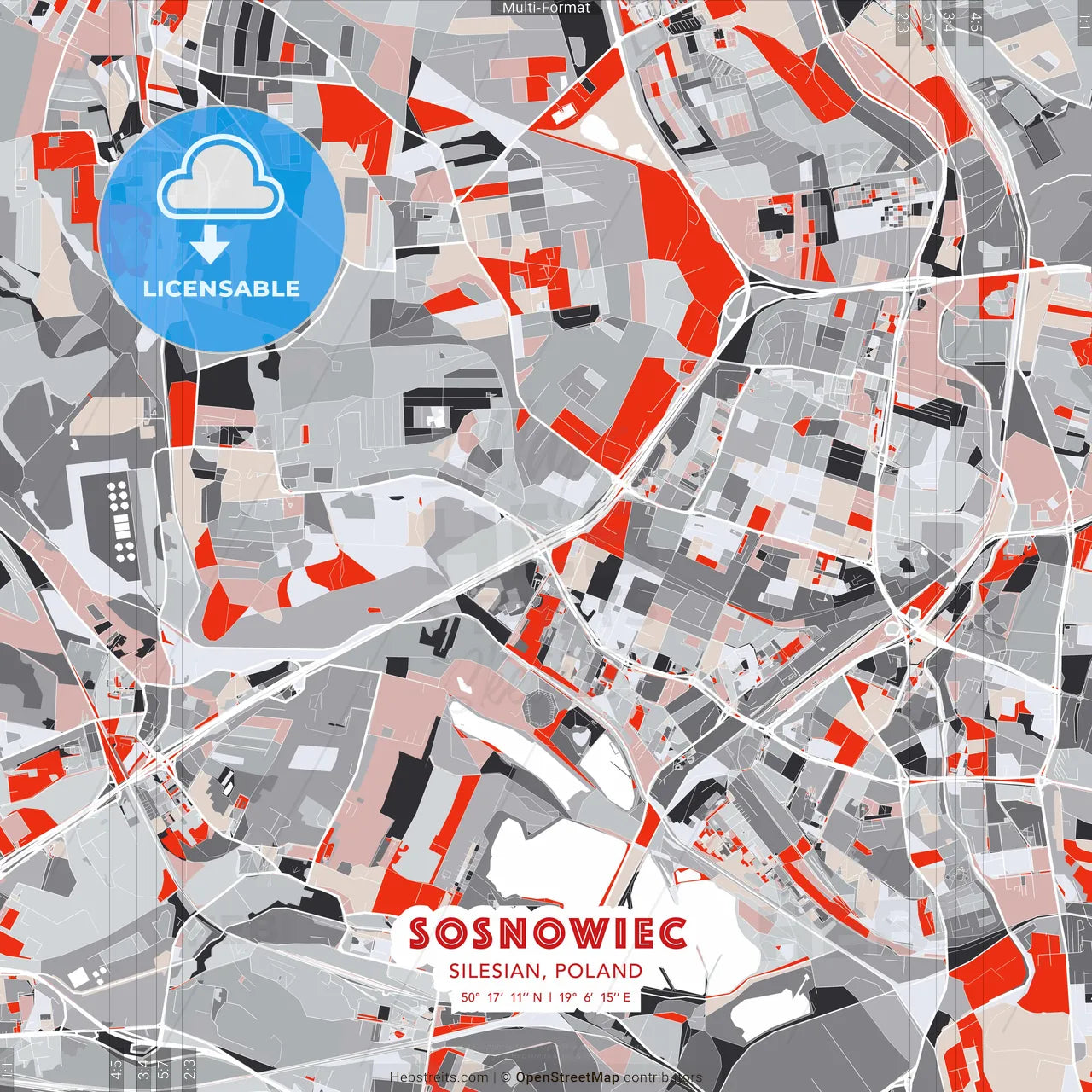 Sosnowiec, Silesian, Poland - modern street map poster template with gray and red tones