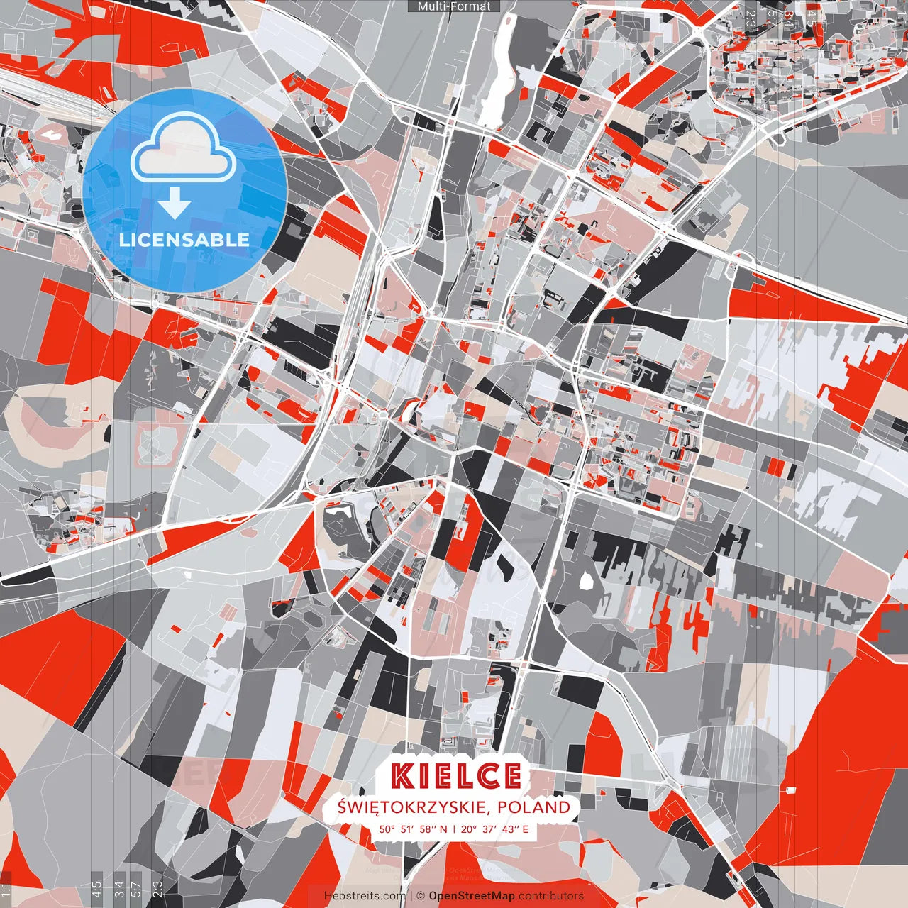 Kielce, Świętokrzyskie, Poland - modern street map poster template with gray and red tones