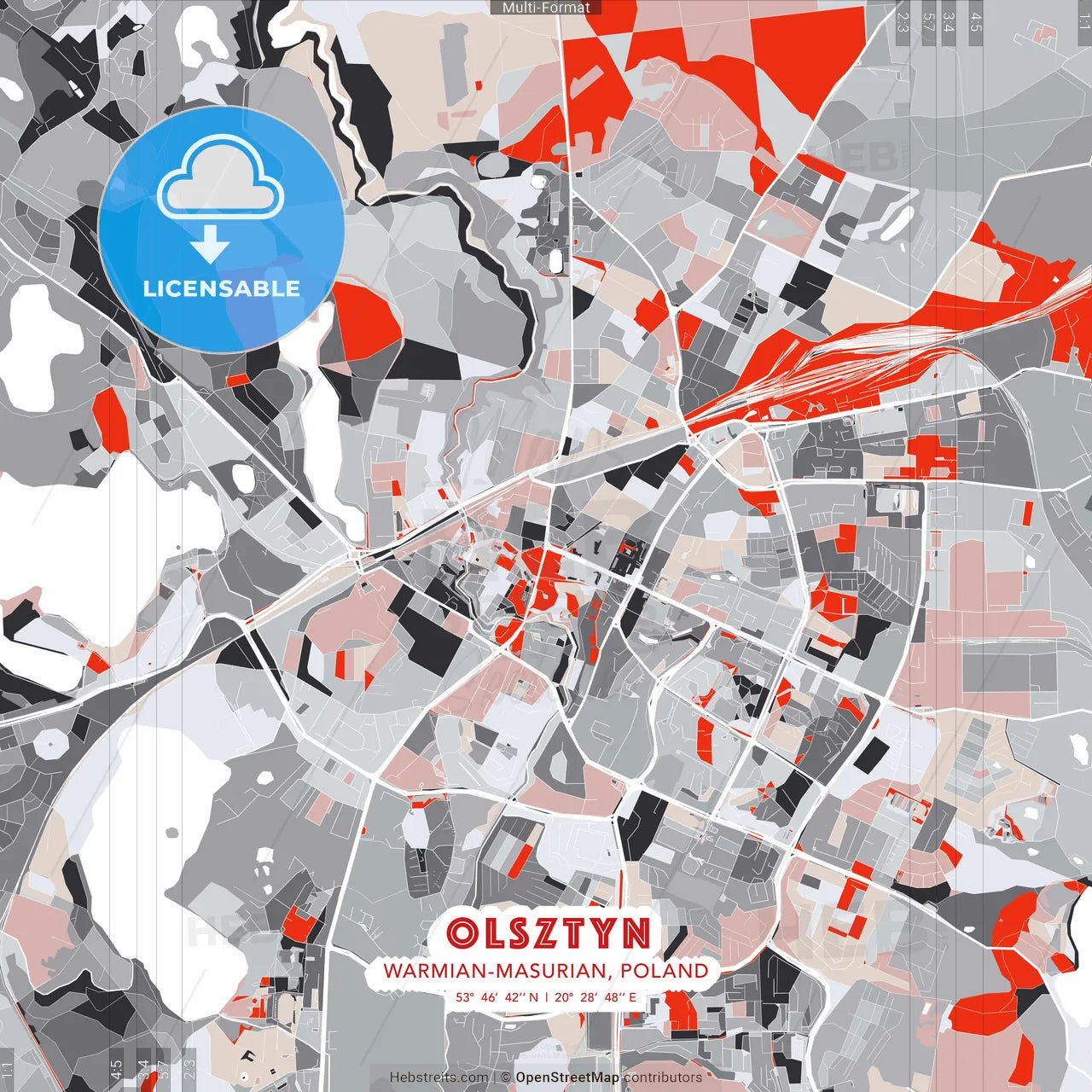 Olsztyn, Warmian-Masurian, Poland - modern street map poster template with gray and red tones