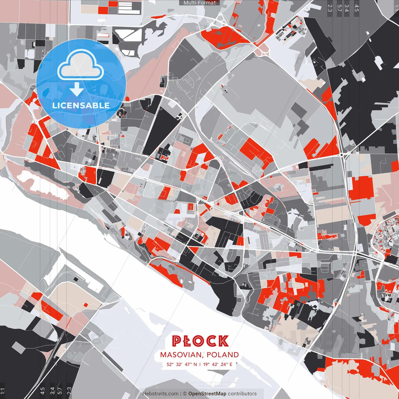 Płock, Masovian, Poland - modern street map poster template with gray and red tones