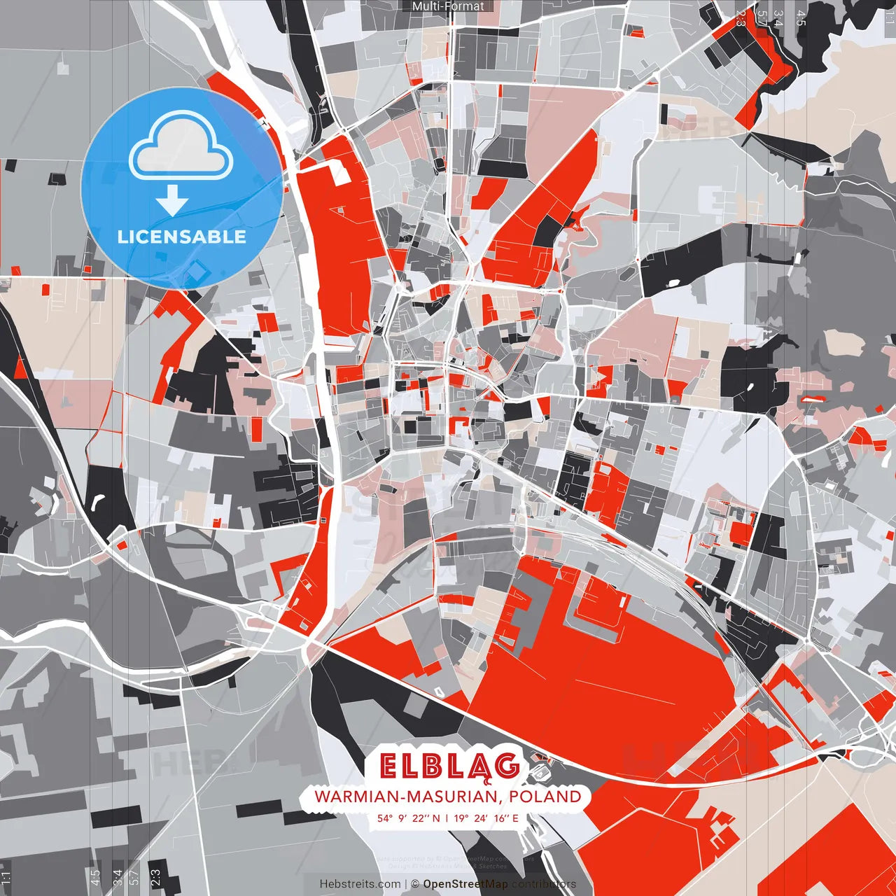 Elbląg, Warmian-Masurian, Poland - modern street map poster template with gray and red tones