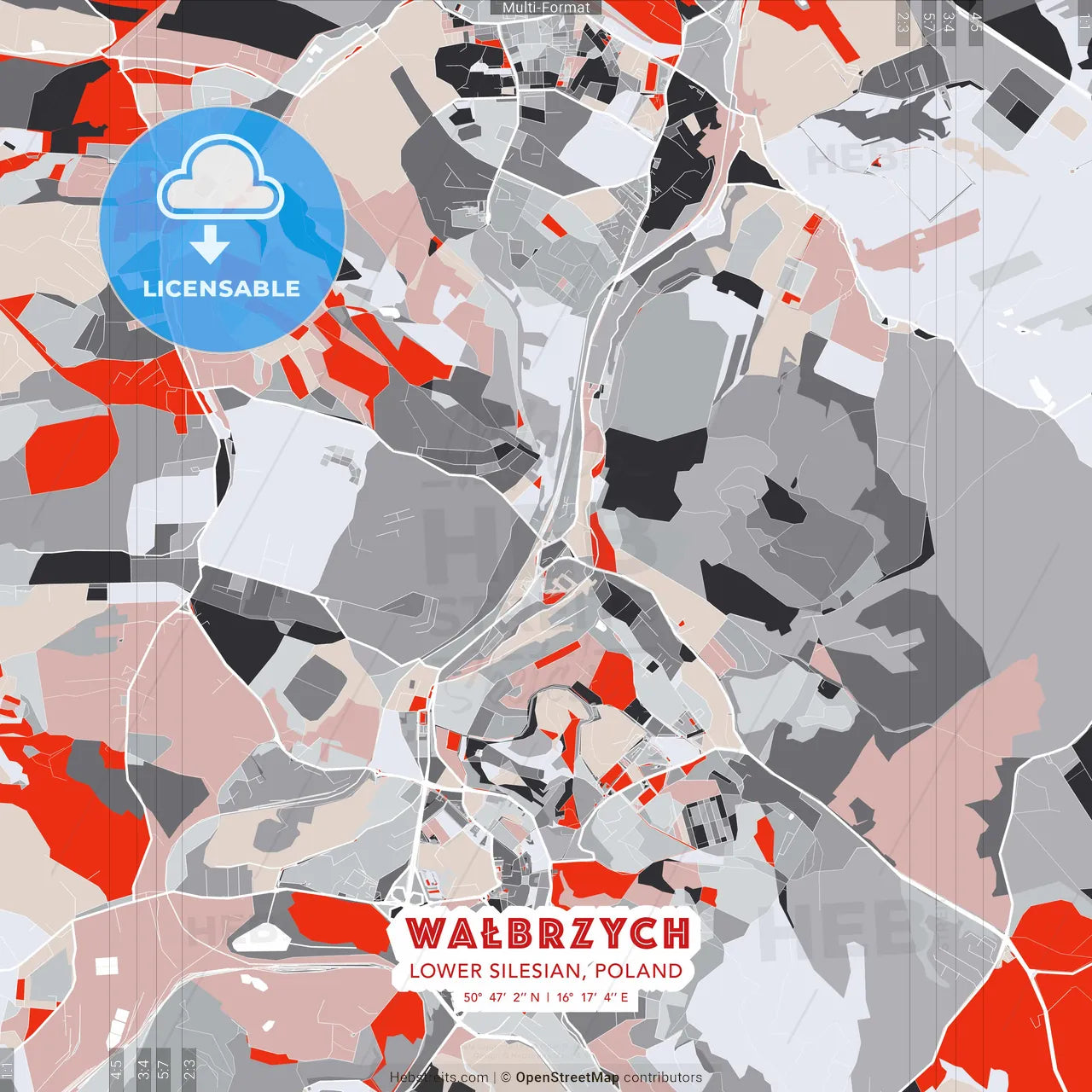 Wałbrzych, Lower Silesian, Poland - modern street map poster template with gray and red tones