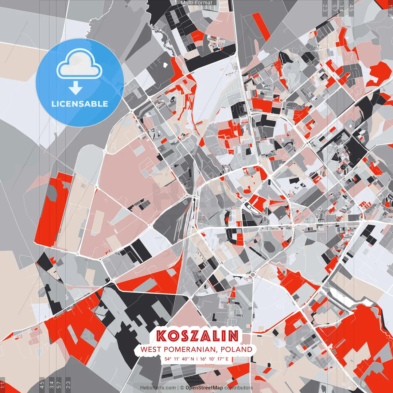 Koszalin, West Pomeranian, Poland - modern street map poster template with gray and red tones