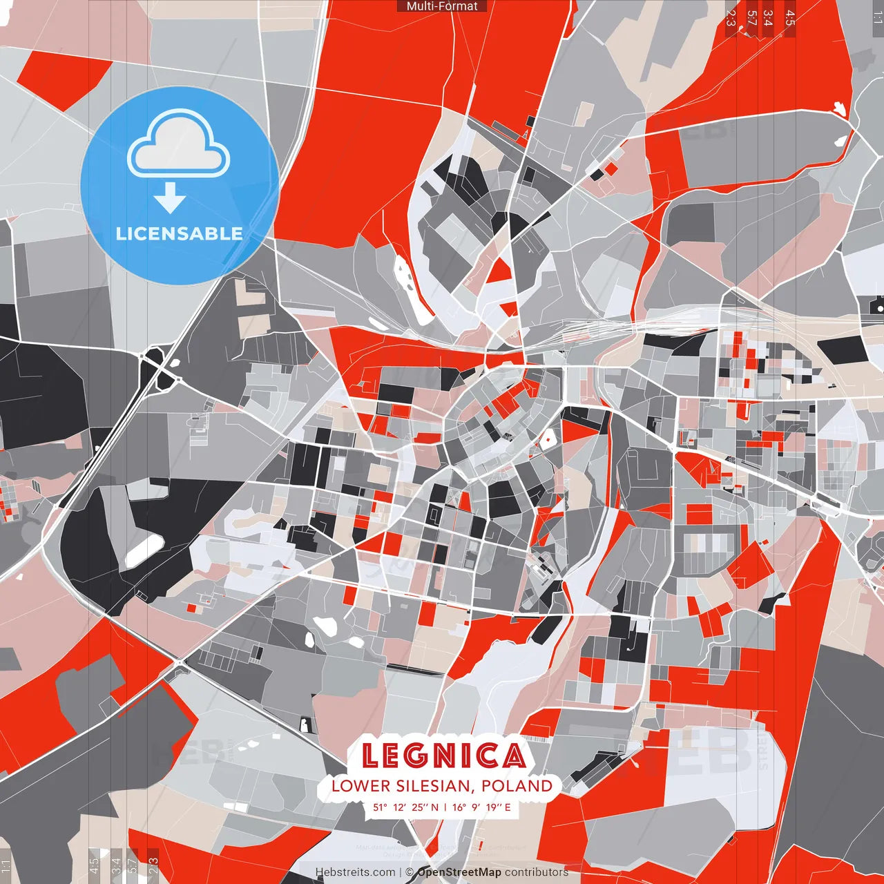 Legnica, Lower Silesian, Poland - modern street map poster template with gray and red tones