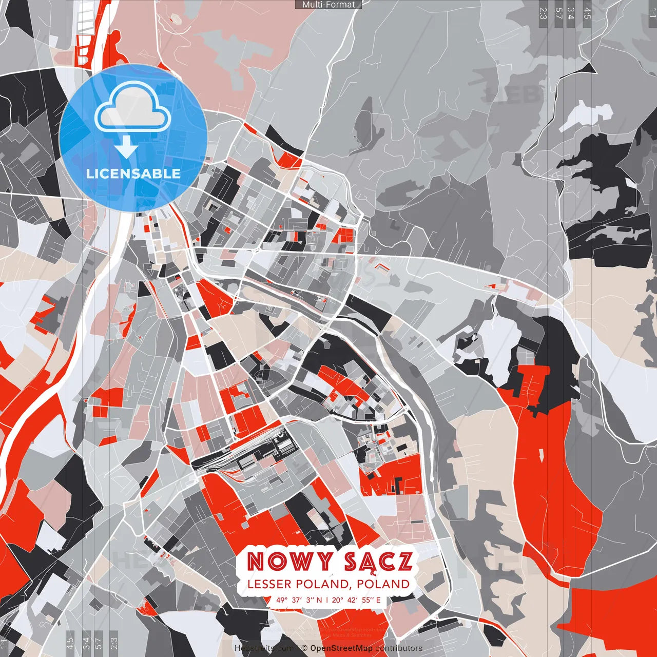 Nowy Sącz, Lesser Poland, Poland - modern street map poster template with gray and red tones
