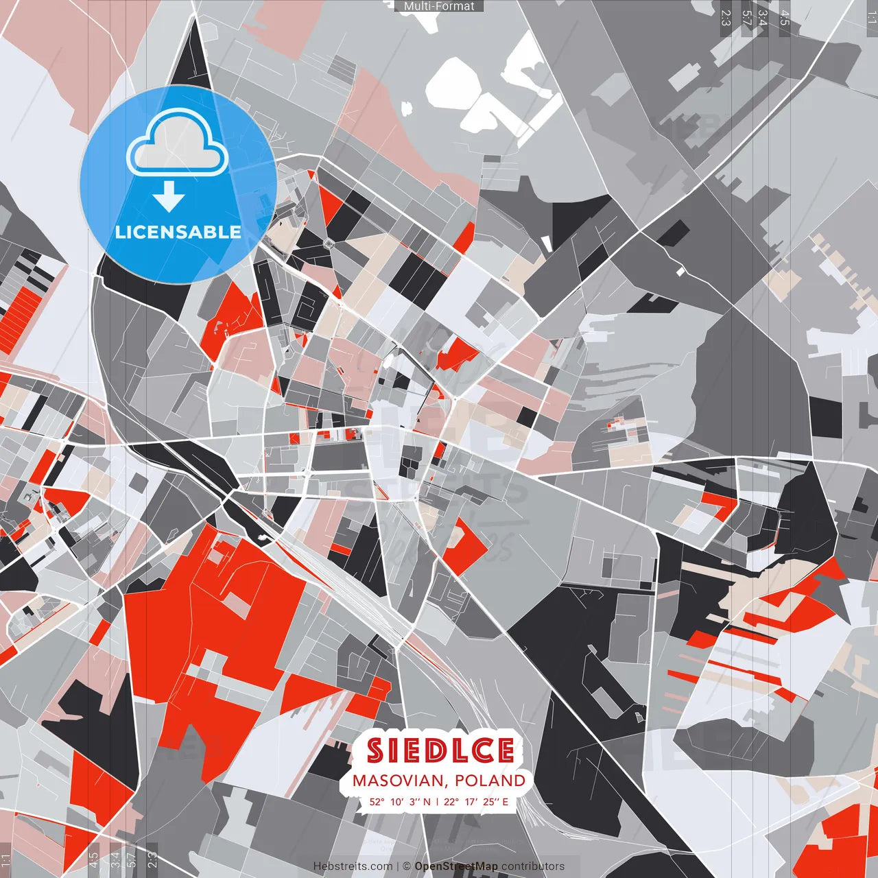 Siedlce, Masovian, Poland - modern street map poster template with gray and red tones