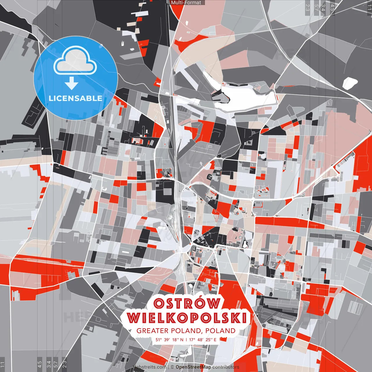 Ostrów Wielkopolski, Greater Poland, Poland - modern street map poster template with gray and red tones