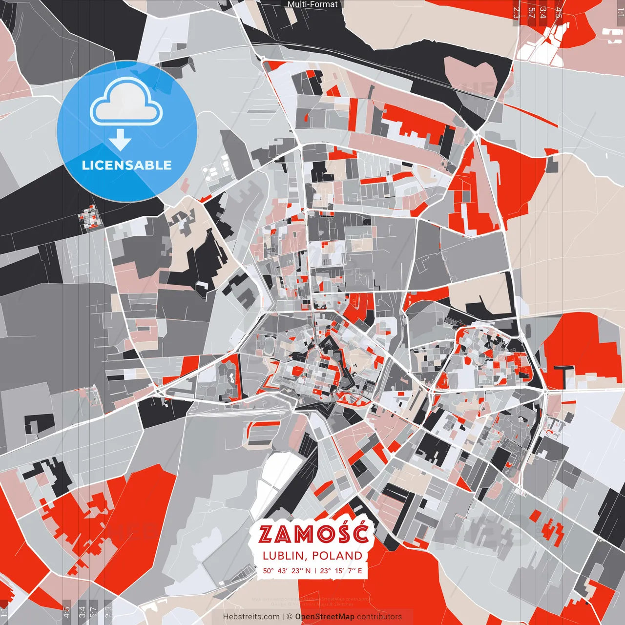 Zamość, Lublin, Poland - modern street map poster template with gray and red tones