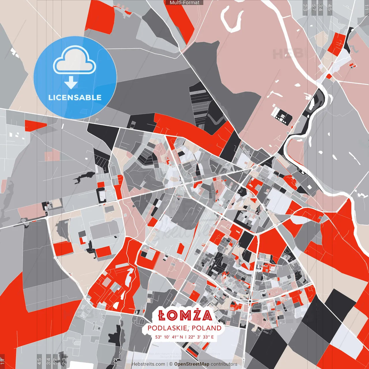 Łomża, Podlaskie, Poland - modern street map poster template with gray and red tones