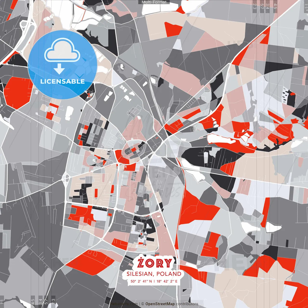 Żory, Silesian, Poland - modern street map poster template with gray and red tones
