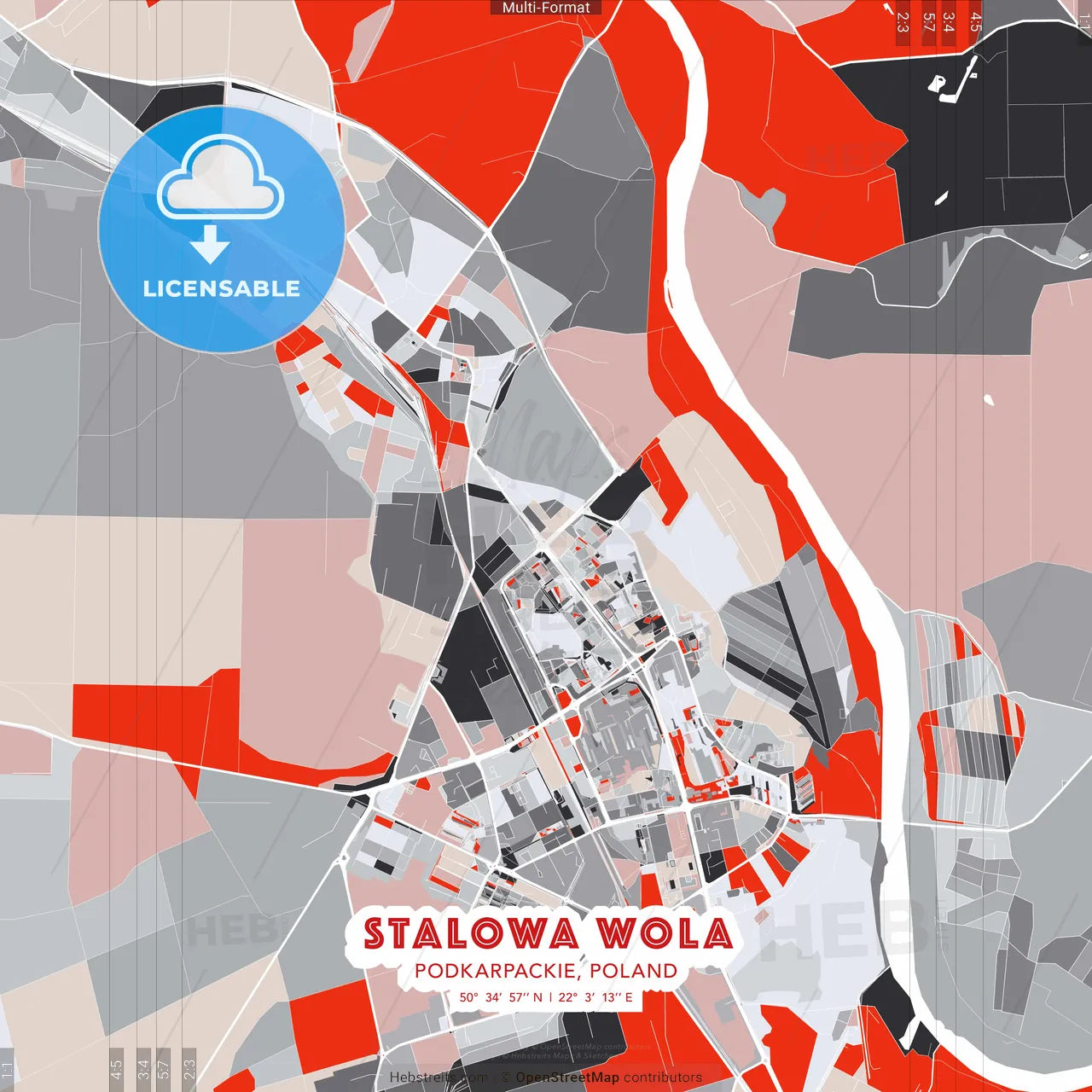 Stalowa Wola, Podkarpackie, Poland - modern street map poster template with gray and red tones