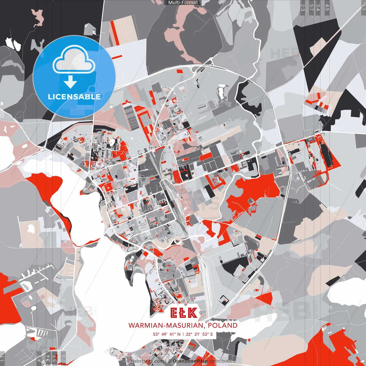 Ełk, Warmian-Masurian, Poland - modern street map poster template with gray and red tones