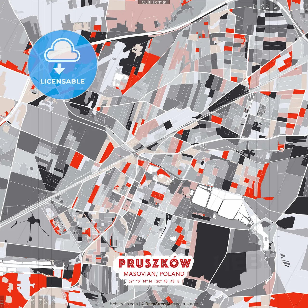 Pruszków, Masovian, Poland - modern street map poster template with gray and red tones