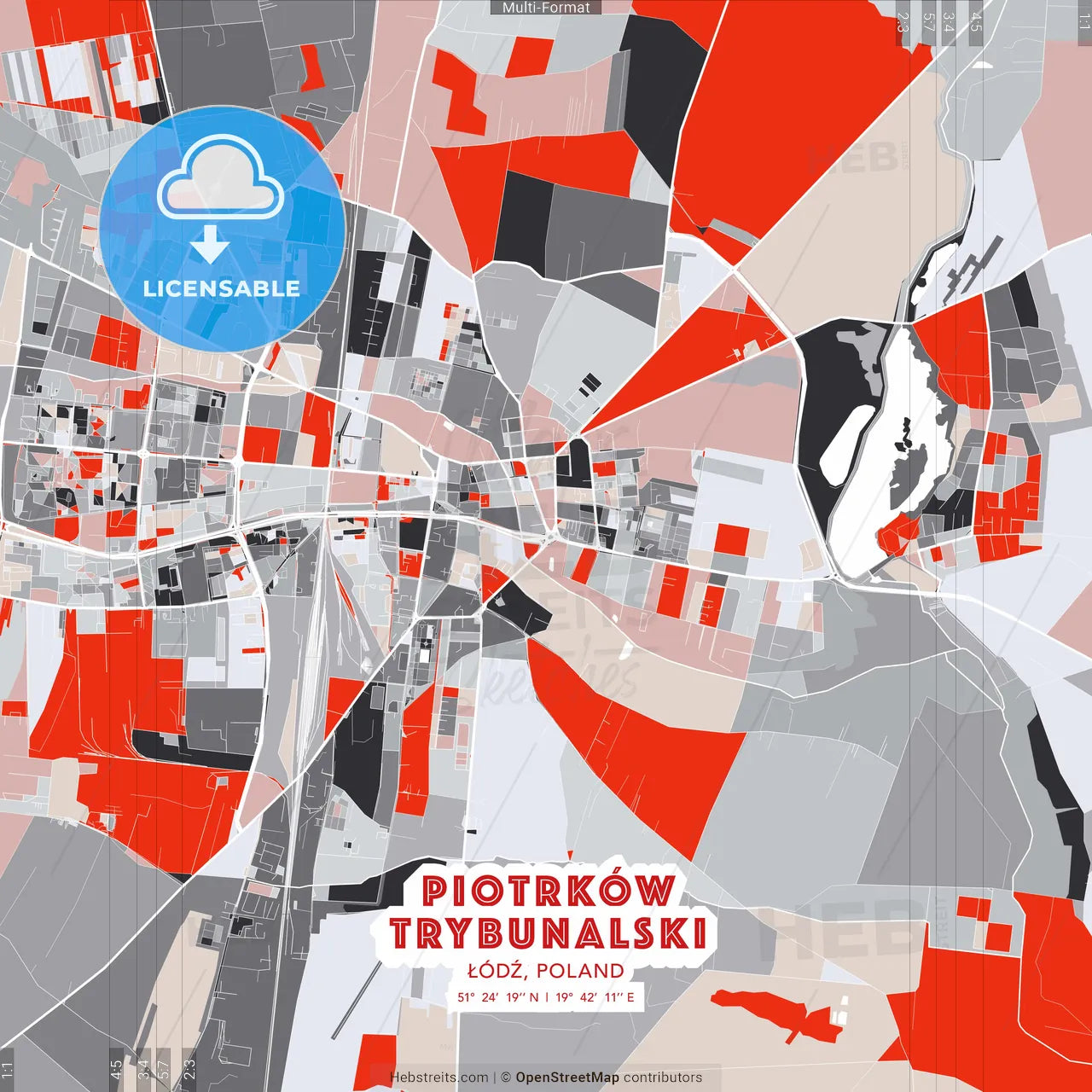 Piotrków Trybunalski, Łódź, Poland - modern street map poster template with gray and red tones