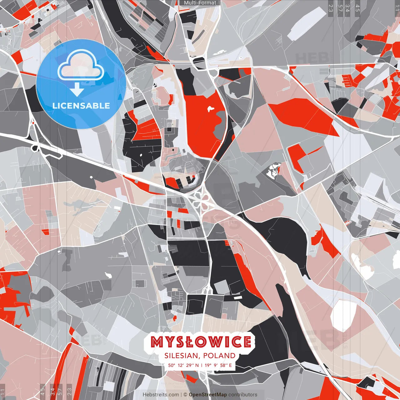 Mysłowice, Silesian, Poland - modern street map poster template with gray and red tones