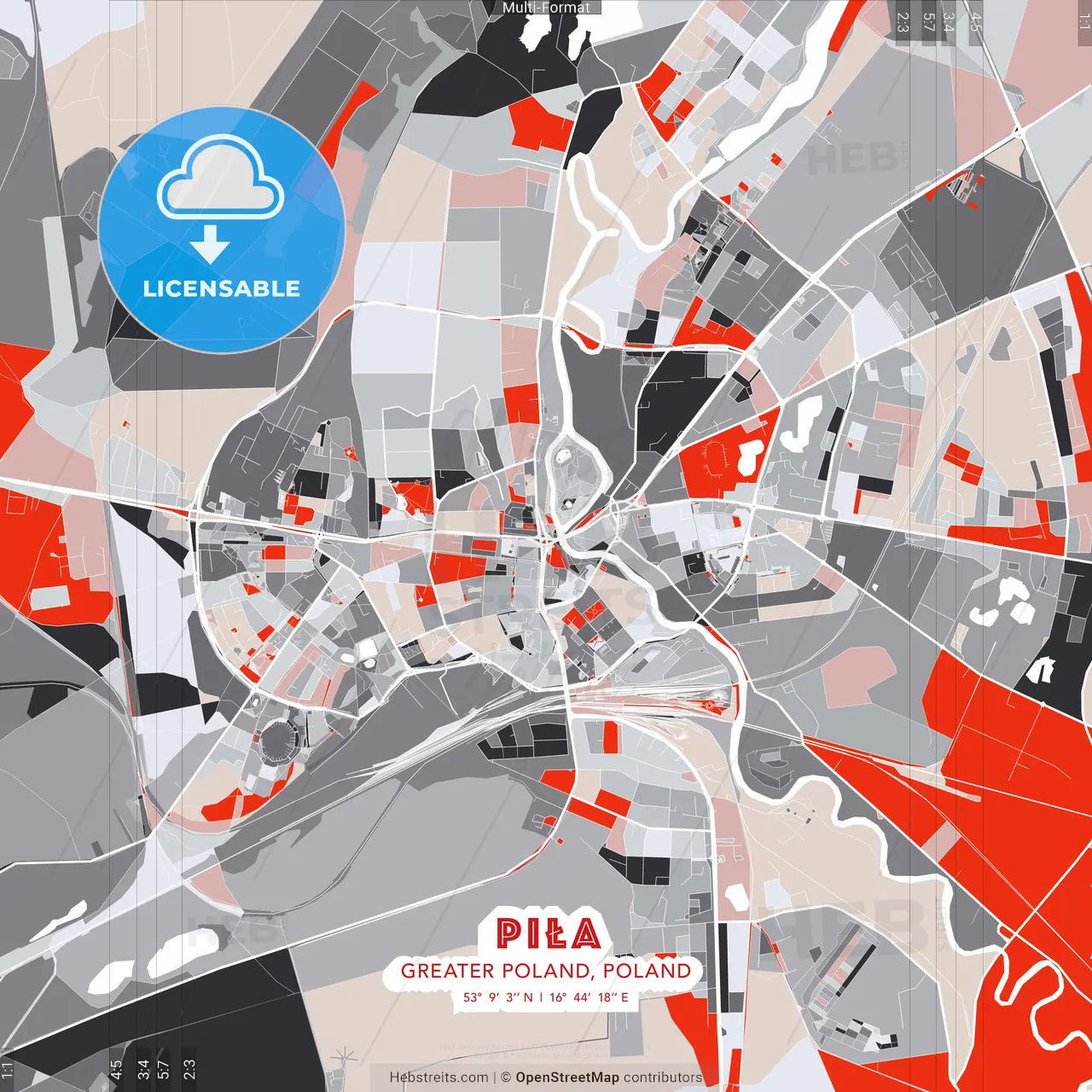 Piła, Greater Poland, Poland - modern street map poster template with gray and red tones