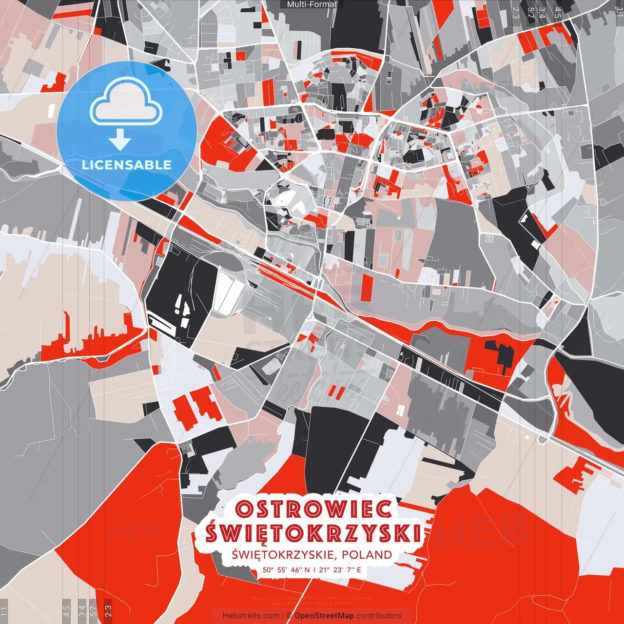 Ostrowiec Świętokrzyski, Świętokrzyskie, Poland - modern street map poster template with gray and red tones