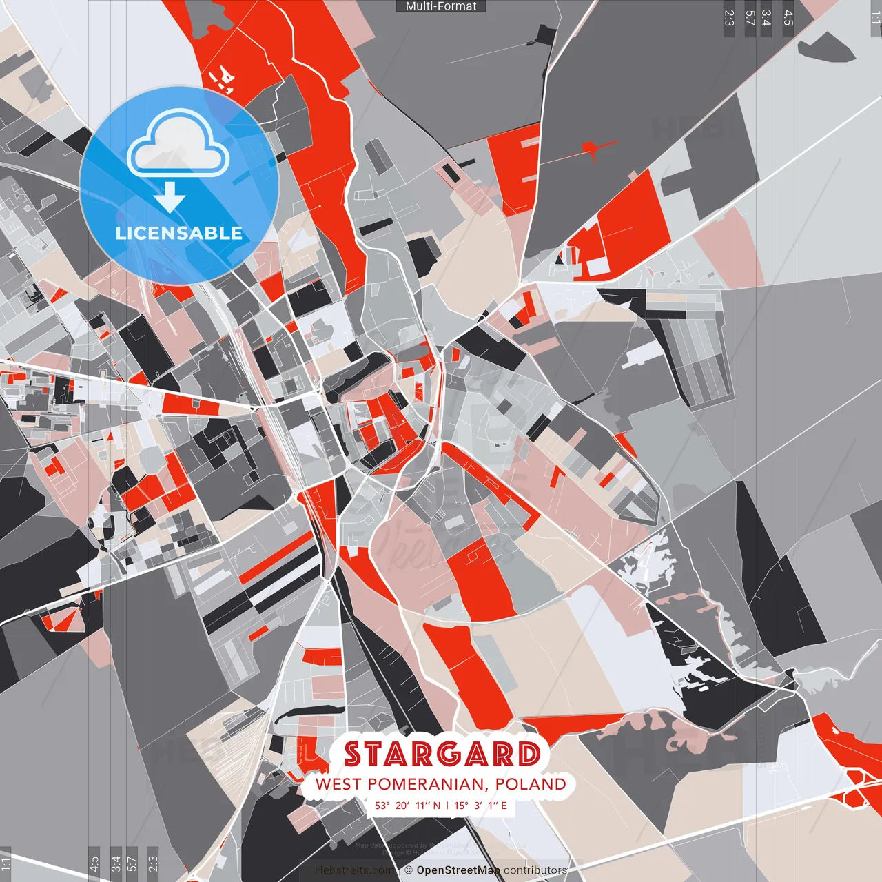 Stargard, West Pomeranian, Poland - modern street map poster template with gray and red tones