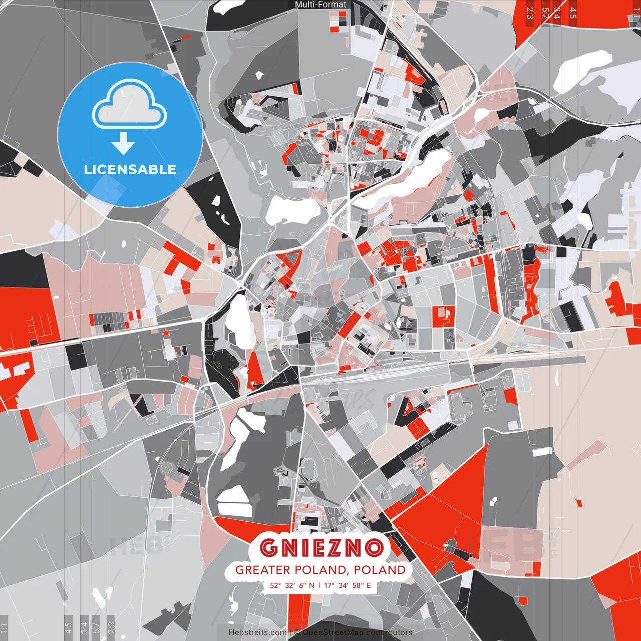 Gniezno, Greater Poland, Poland - modern street map poster template with gray and red tones