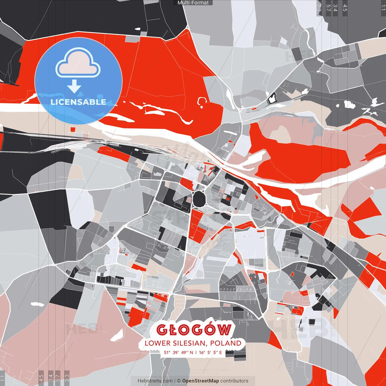 Głogów, Lower Silesian, Poland - modern street map poster template with gray and red tones