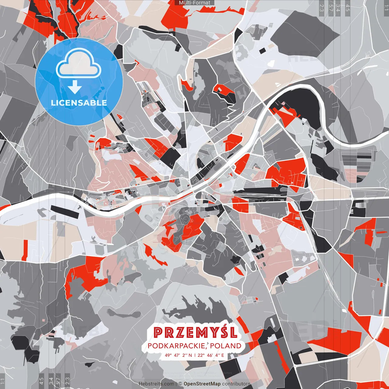 Przemyśl, Podkarpackie, Poland - modern street map poster template with gray and red tones