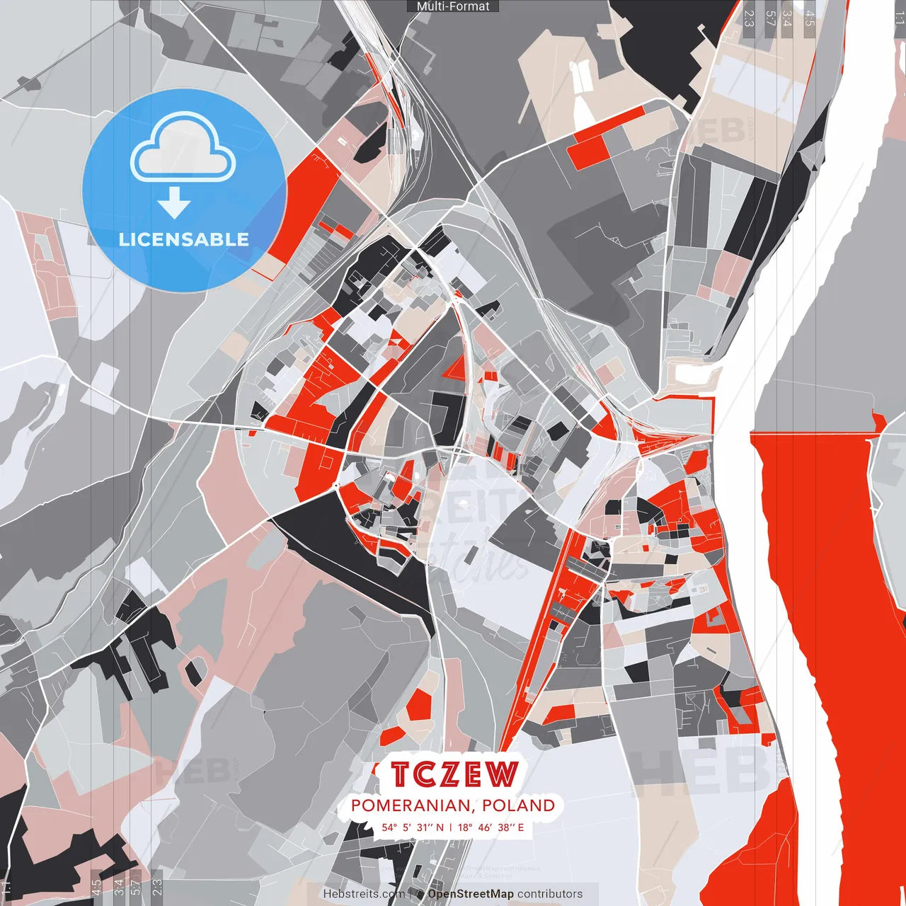 Tczew, Pomeranian, Poland - modern street map poster template with gray and red tones