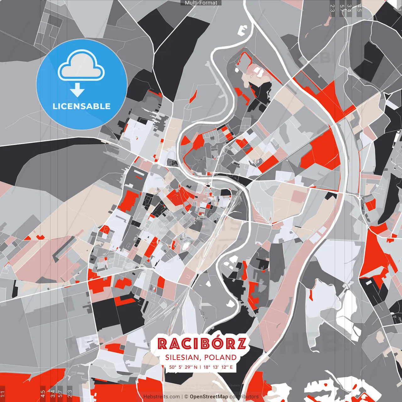 Racibórz, Silesian, Poland - modern street map poster template with gray and red tones