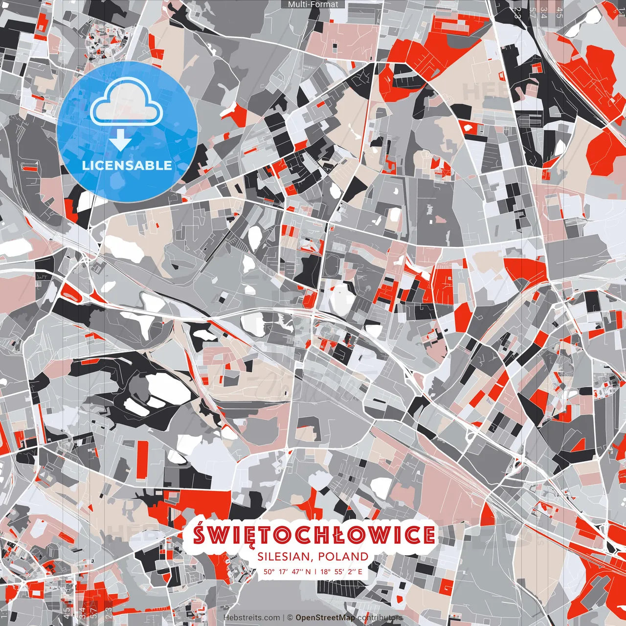 Świętochłowice, Silesian, Poland - modern street map poster template with gray and red tones