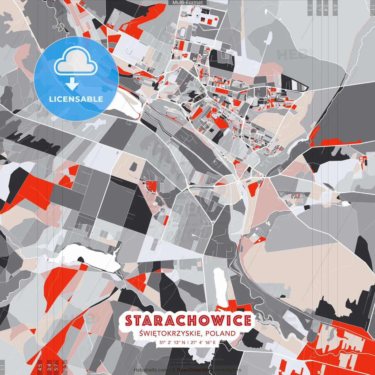 Starachowice, Świętokrzyskie, Poland - modern street map poster template with gray and red tones