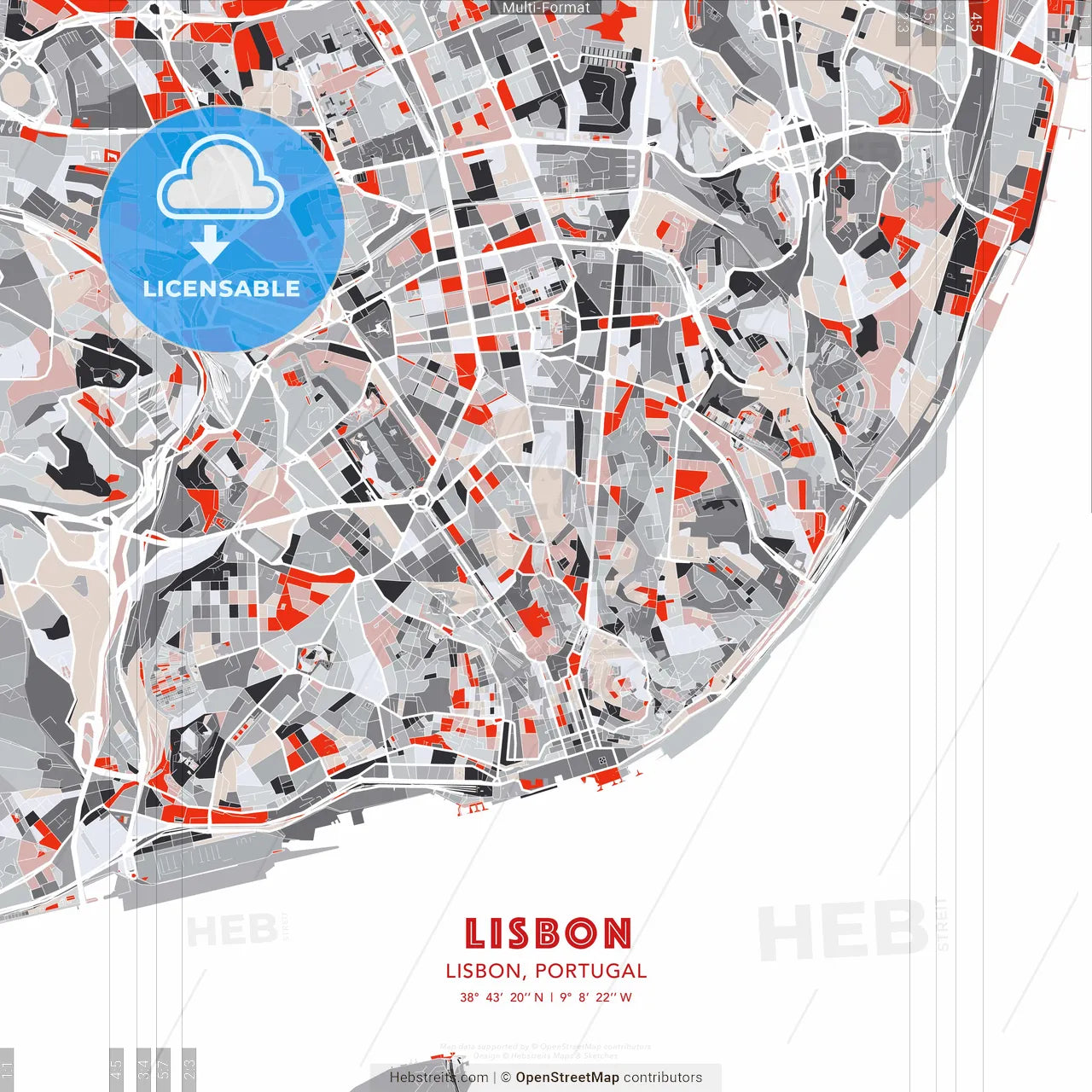 Lisbon, Lisbon, Portugal - modern street map poster template with gray and red tones