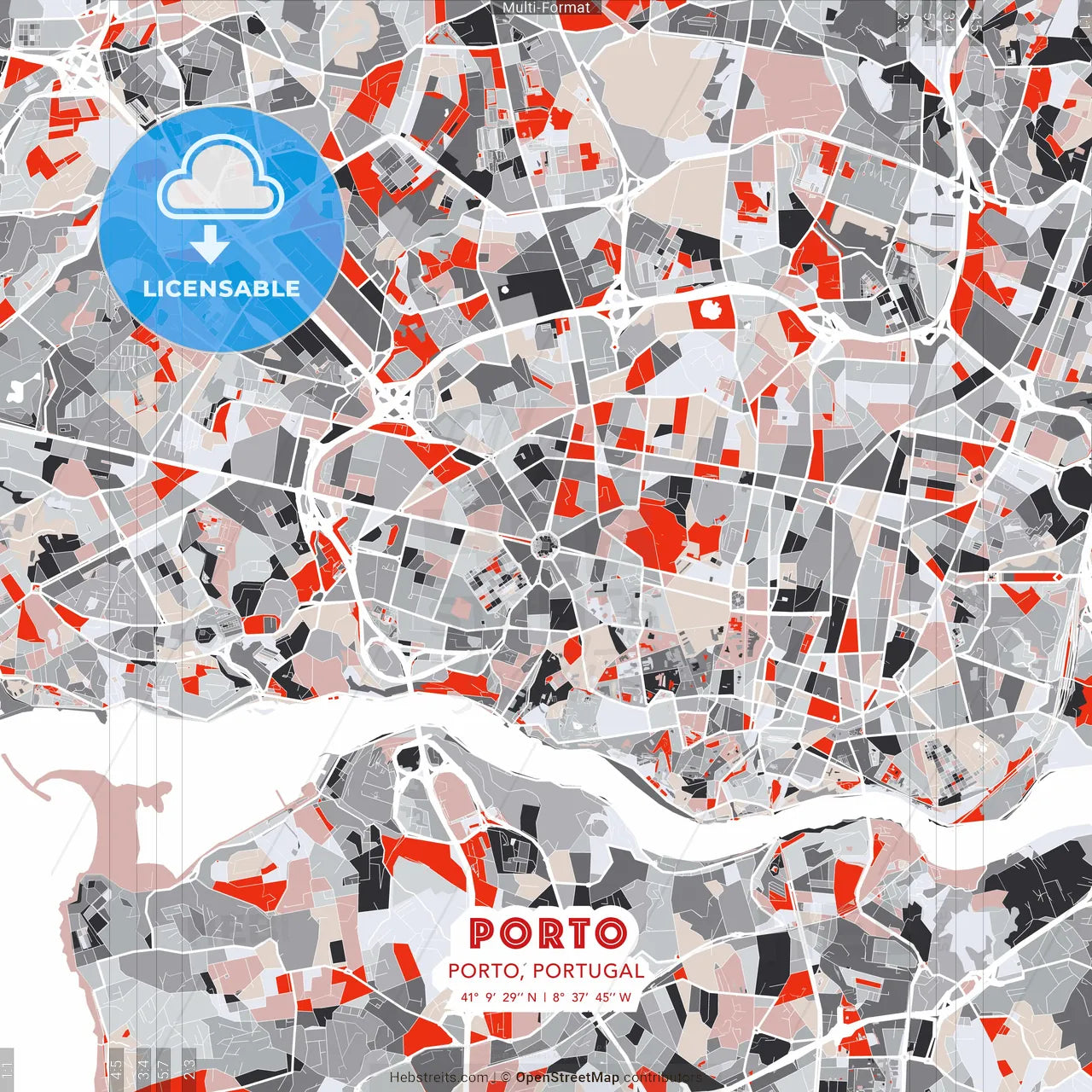 Porto, Porto, Portugal - modern street map poster template with gray and red tones