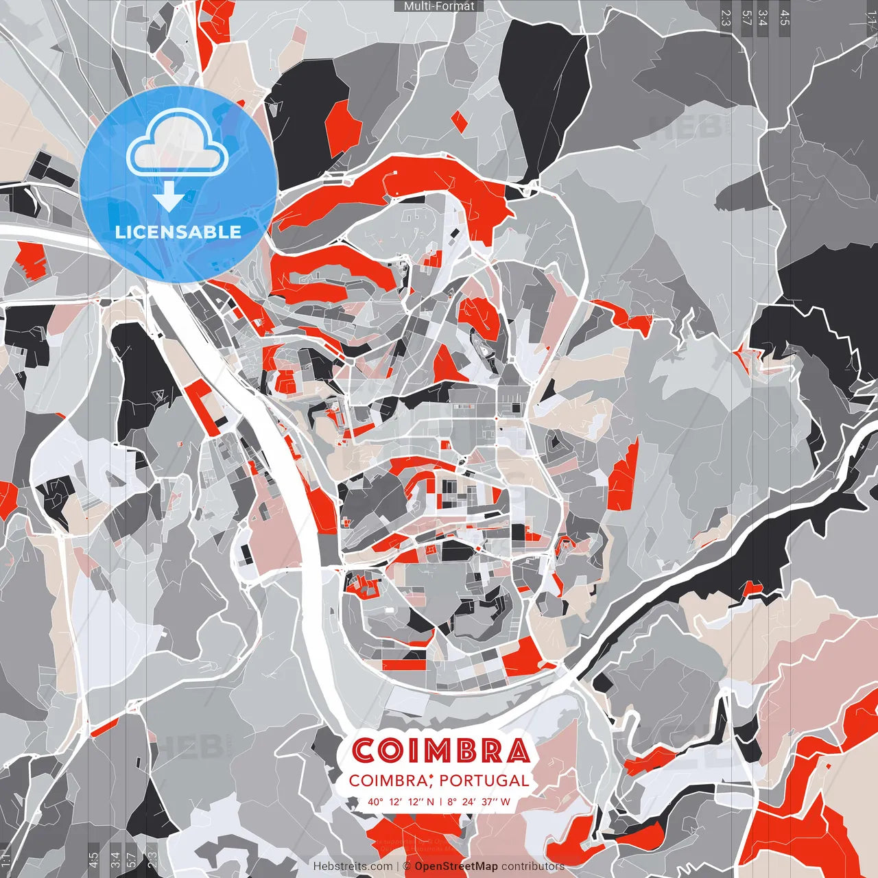 Coimbra, Coimbra, Portugal - modern street map poster template with gray and red tones