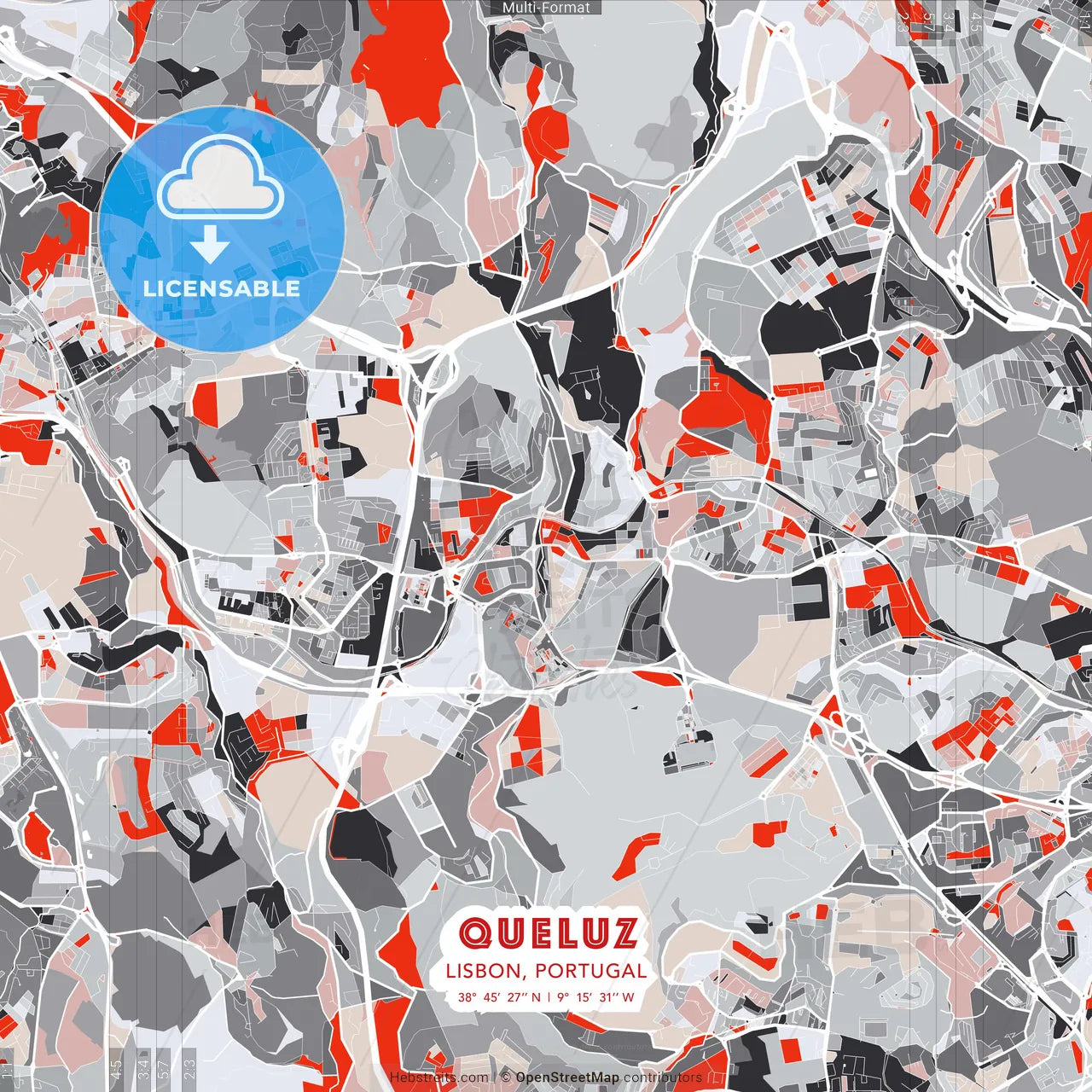 Queluz, Lisbon, Portugal - modern street map poster template with gray and red tones