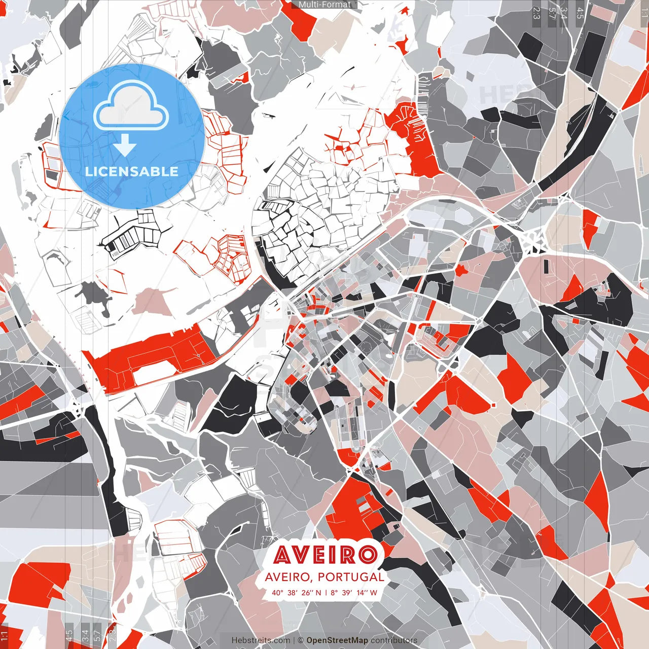 Aveiro, Aveiro, Portugal - modern street map poster template with gray and red tones
