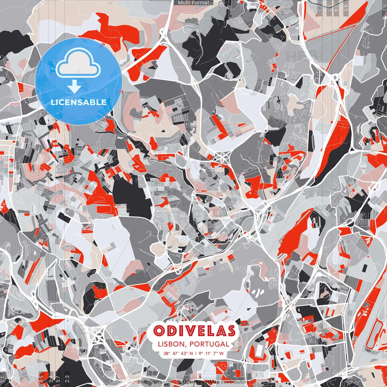 Odivelas, Lisbon, Portugal - modern street map poster template with gray and red tones