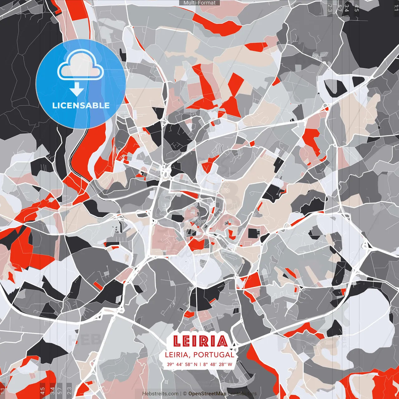 Leiria, Leiria, Portugal - modern street map poster template with gray and red tones