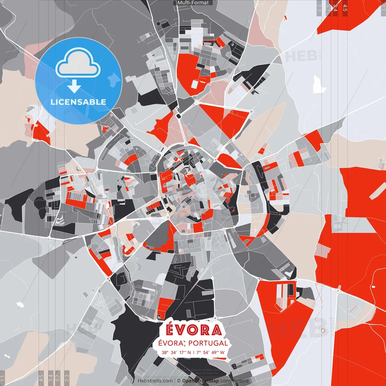 Évora, Évora, Portugal - modern street map poster template with gray and red tones