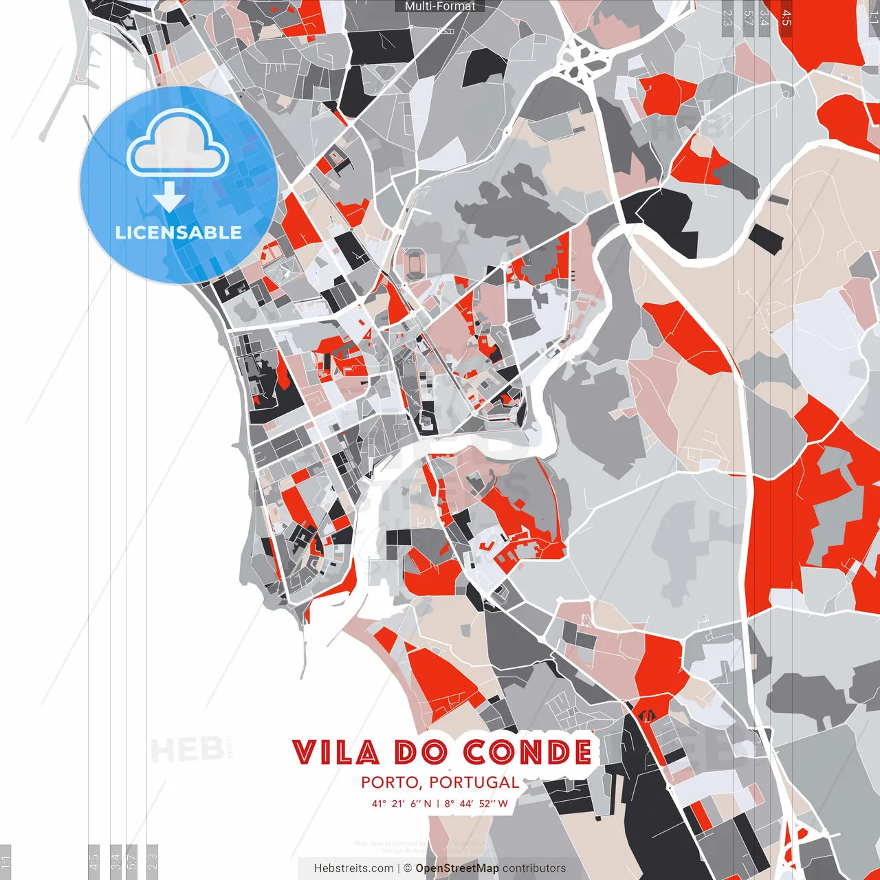 Vila do Conde, Porto, Portugal - modern street map poster template with gray and red tones