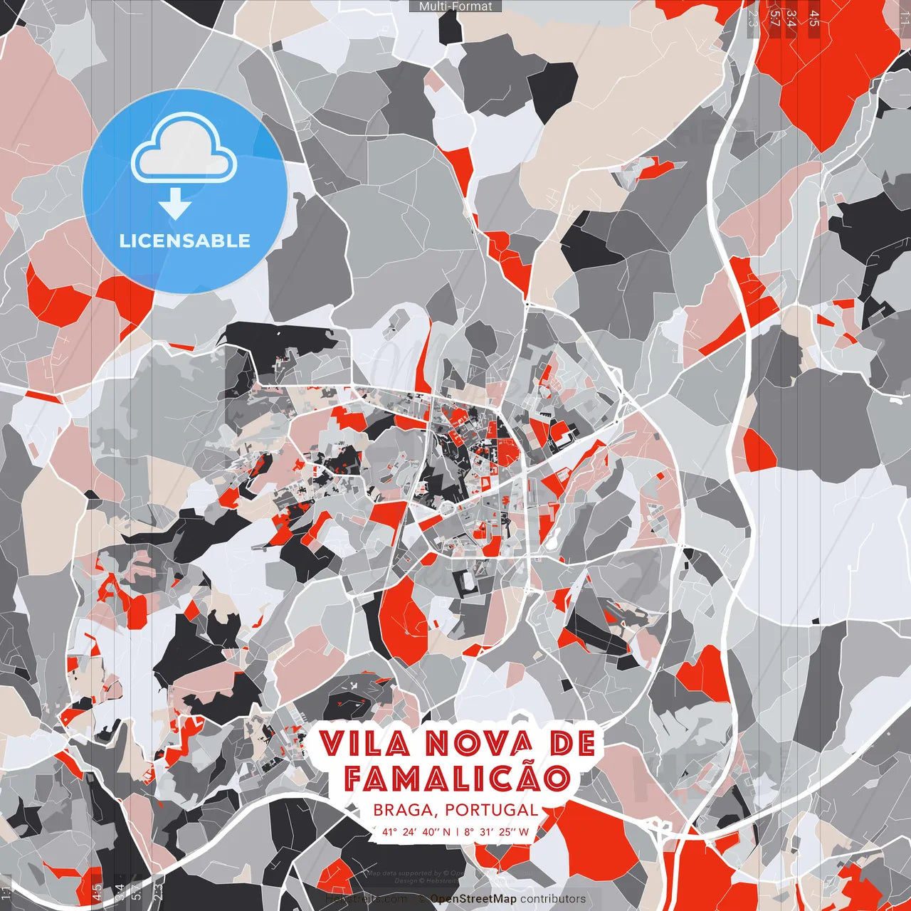 Vila Nova de Famalicão, Braga, Portugal - modern street map poster template with gray and red tones