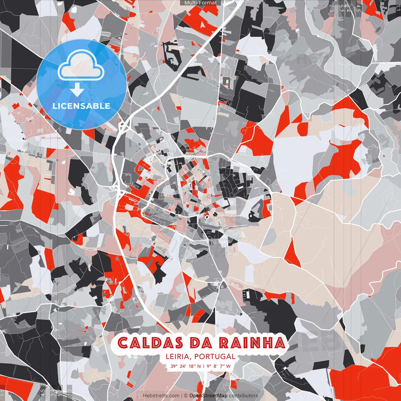 Caldas da Rainha, Leiria, Portugal - modern street map poster template with gray and red tones