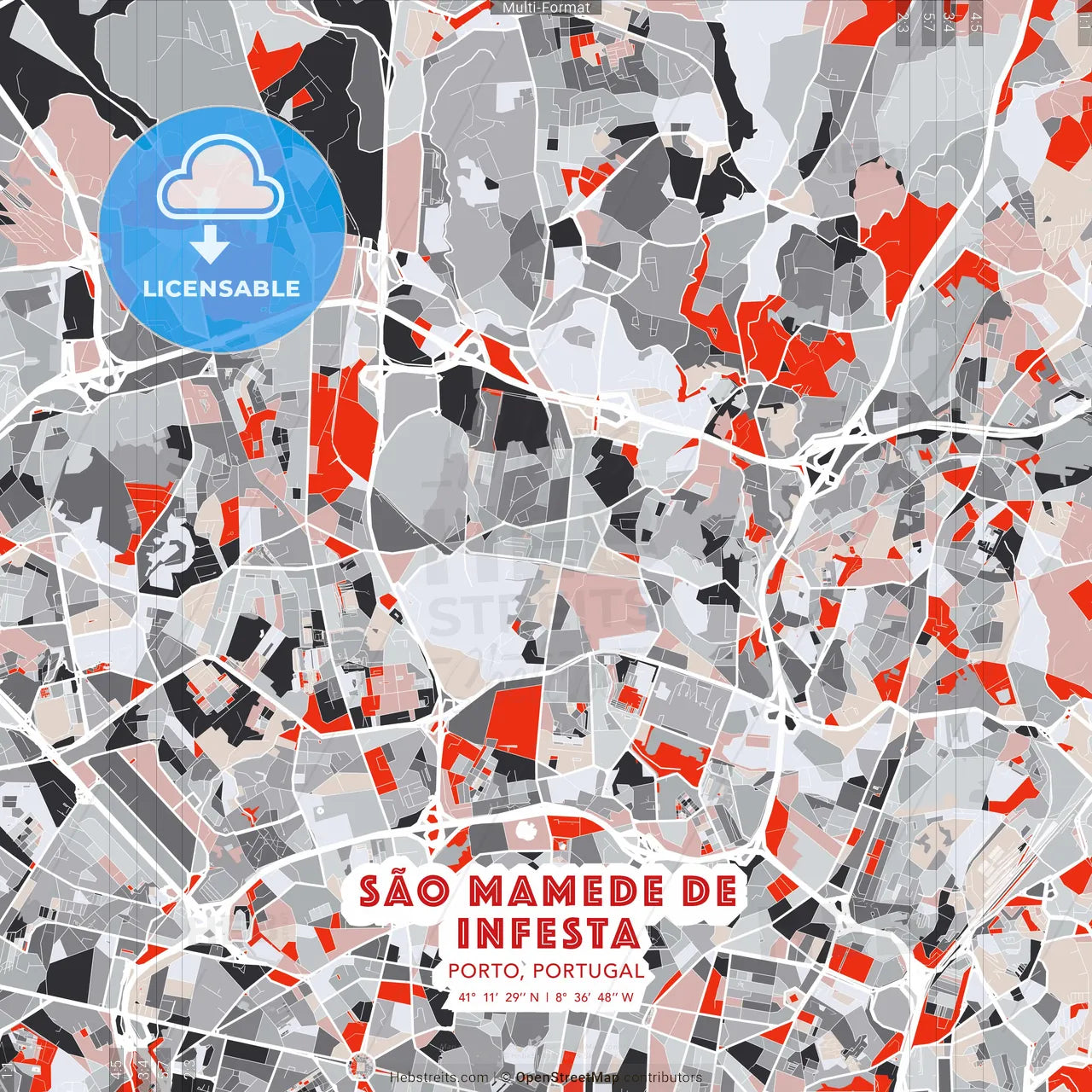 São Mamede de Infesta, Porto, Portugal - modern street map poster template with gray and red tones