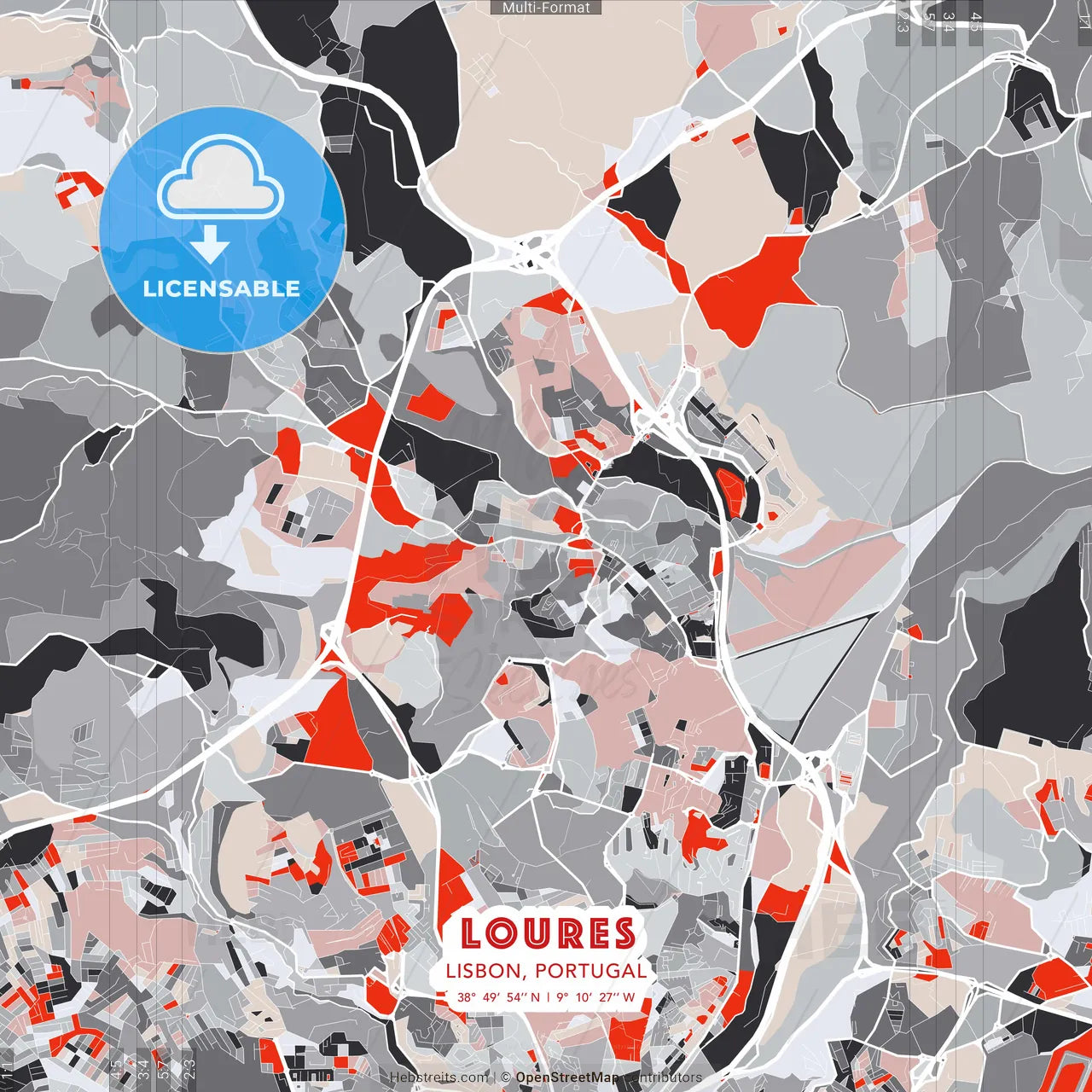 Loures, Lisbon, Portugal - modern street map poster template with gray and red tones