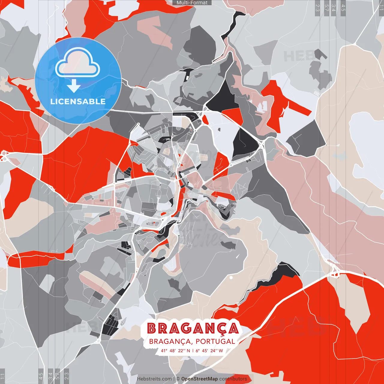 Bragança, Bragança, Portugal - modern street map poster template with gray and red tones