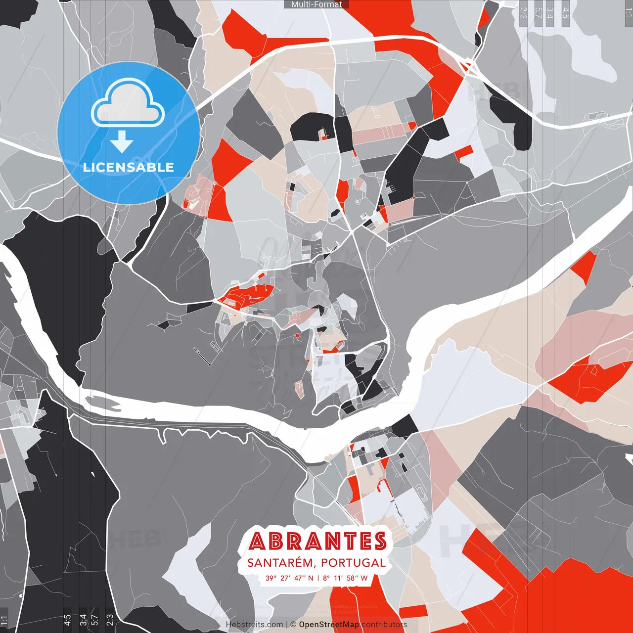 Abrantes, Santarém, Portugal - modern street map poster template with gray and red tones