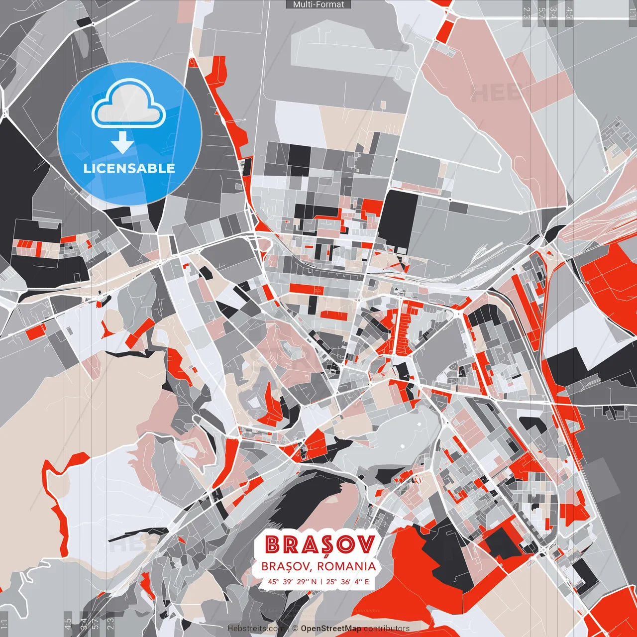 Brașov, Brașov, Romania - modern street map poster template with gray and red tones
