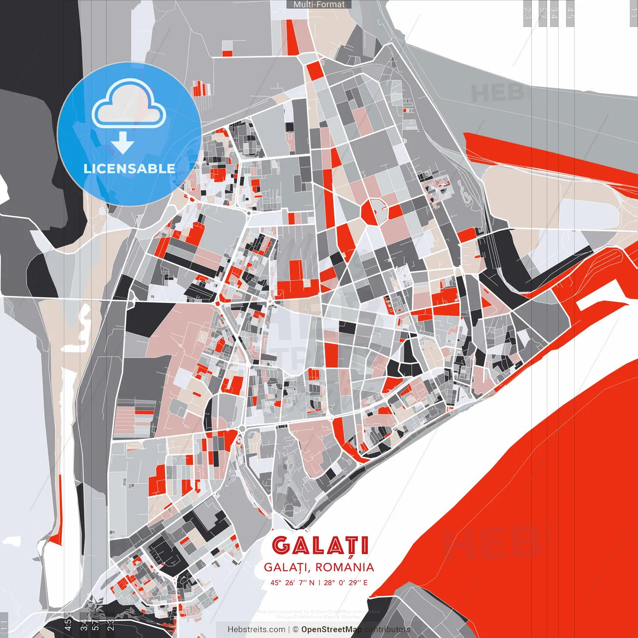Galați, Galați, Romania - modern street map poster template with gray and red tones