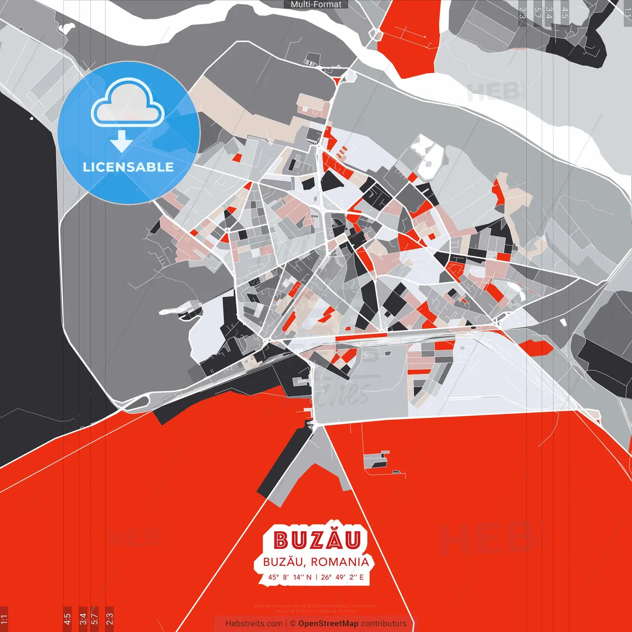 Buzău, Buzău, Romania - modern street map poster template with gray and red tones