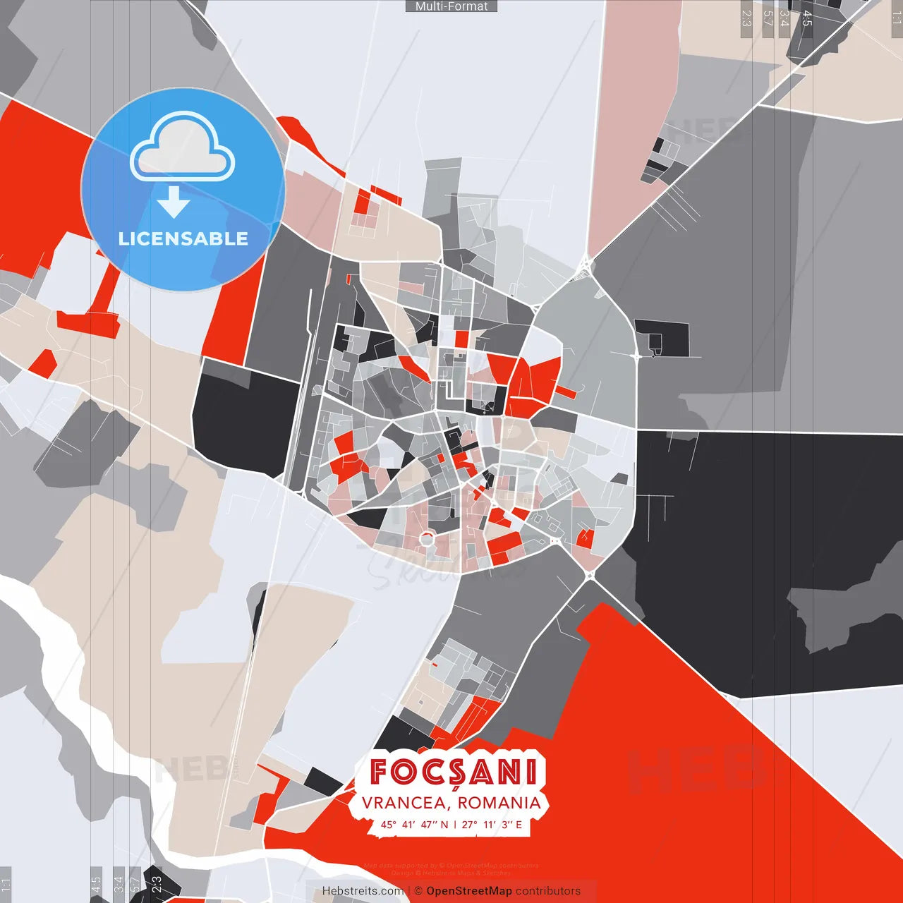 Focșani, Vrancea, Romania - modern street map poster template with gray and red tones